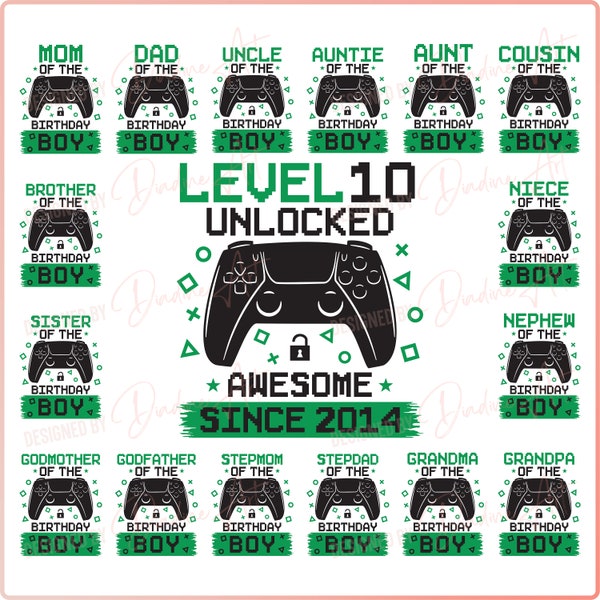 Birthday Boy Gamer Bundle SVG PNG, Level 10 Unlocked Awesome Since 2014, 10th Birthday Boy svg, Printable, Cut File for Cricut, Silhouette