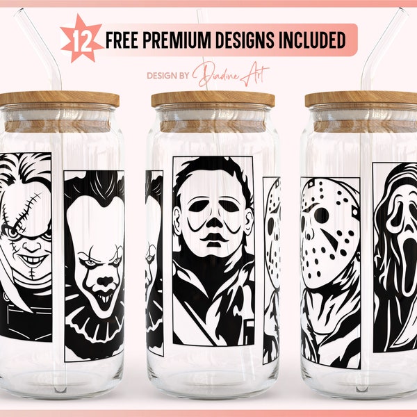 20oz Libbey Can Glass Horror Movies SVG PNG, Halloween Horror Full Wrap For Libbey Can Shaped Beer Glass, Printable, Cricut, Silhouette