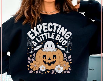 Expecting A Little Boo Halloween Pregnancy Announcement SVG PNG | Cute Ghost Pumpkin Baby Reveal Sublimation Design | Mom To Be Cut File