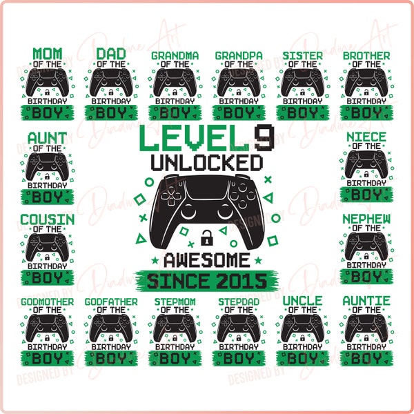 Birthday Boy Gamer Bundle SVG PNG, Level 9 Unlocked Awesome Since 2015, 9th Birthday Boy svg, Printable, Cut File for Cricut, Silhouette