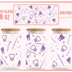 Dental Can Glass Full Wrap SVG PNG, higienista dental DIY Wrap para Libbey Can Glass 16oz, Dental Care Full Wrap, archivos para Cricut, silueta