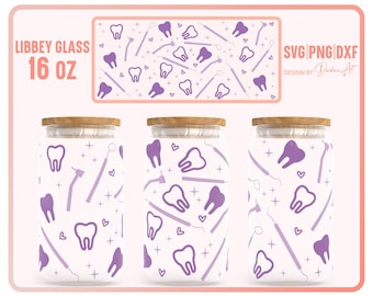 May include: Three clear glass jars with wooden lids and a purple and white dental themed design. The jars are labeled "LIBBEY GLASS 16 oz".