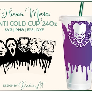 Filme de terror sem buraco para Venti Cold Cup 24 OZ svg, Halloween Horror DIY Full Wrap svg, Scary Cup Svg, arquivo de corte para Cricut, silhueta