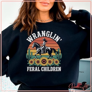 Wranglin Feral Children SVG PNG | Funny Cowgirl 90s Western Mom Life Cut File | Western Retro Sunflower Cactus Design for Cricut Silhouette