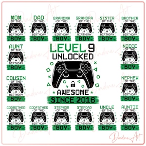 Anniversaire garçon Gamer Bundle SVG PNG, niveau 9 débloqué génial depuis 2016, 9e anniversaire garçon svg, imprimable, couper fichier pour Cricut, Silhouette