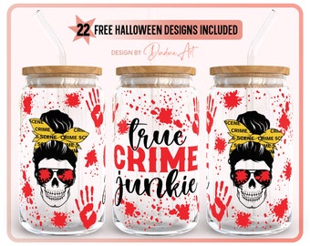 Escena del crimen SVG - True Crime Junkie - Envoltura completa para lata de vidrio Libbey de 16 oz SVG - Halloween Svg - Imprimible - Archivo de corte para Cricut, Silhouette