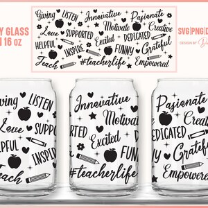 9 Teacher Seamless Full Wrap Bundle for Libbey Can Glass 16 Oz SVG PNG ...