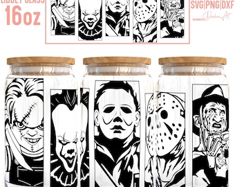 16oz Libbey Can Glass Horror SVG PNG, Halloween Horror Seamless Wrap per Libbey Can Beer Glass 16oz, file di taglio in vinile per Cricut, Silhouette