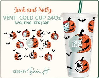 Jack & Sally Kürbis Gesicht Wrap, Halloween kalte Tasse SVG PNG (digitaler Download)