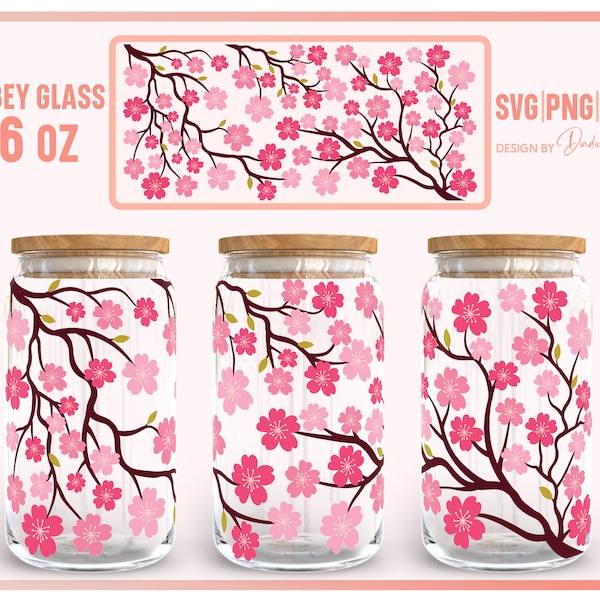 Japanese Flower Libbey Can Glass SVG, Cherry Blossom Full Wrap For Libbey Can Shaped Beer Glass 16oz, Sakura SVG, png, Files For Cricut