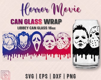 Diseño SVG para envolver latas de películas de terror, Halloween, 16 oz, Libbey (Descarga digital)
