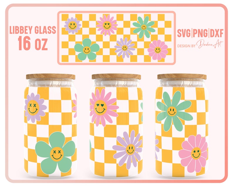 Checkered Design SVG Bundle, Retro Smiley Full Wrap for Libbey Can ...