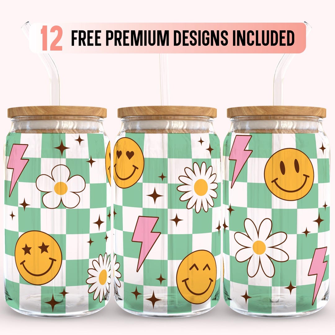 Checkered Smiley Daisy Wrap File for Libbey Glass Can 16 Oz SVG PNG ...