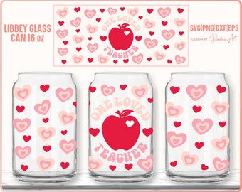 May include: Three 16 ounce glass cans with a design of pink and red hearts and the text "One Loved Teacher" with a red apple graphic.