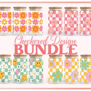 Checkered Design SVG Bundle, Retro Smiley Full Wrap for Libbey Can Glass 16oz SVG, Daisy Svg, Printable, Cut Files for Cricut, Silhouette