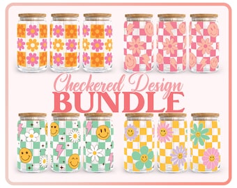 Checkered Design SVG Bundle, Retro Smiley Full Wrap for Libbey Can Glass 16oz SVG, Daisy Svg, Printable, Cut Files for Cricut, Silhouette