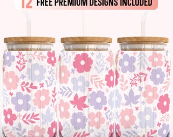 Seamless Spring Floral Full Wrap per lattina di vetro Libbey da 16 once SVG PNG, file di involucro SVG per tazza da caffè Sweet Flower Libbey per Cricut, Silhouette
