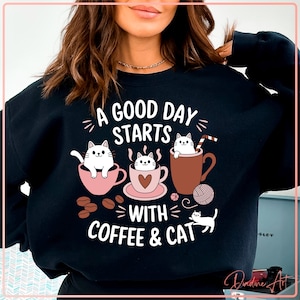 Un buen día comienza con café y un gato SVG PNG / Regalo divertido para amantes del café / Mamá gata imprimible / Archivos recortables con cita divertida sobre gatos y café