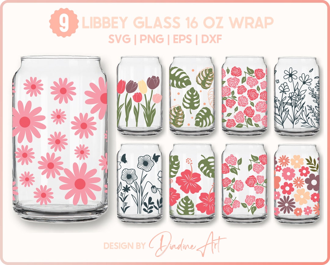 9 Seamless Flower Full Wrap Bundle for Libbey Can Glass 16 Oz SVG PNG ...