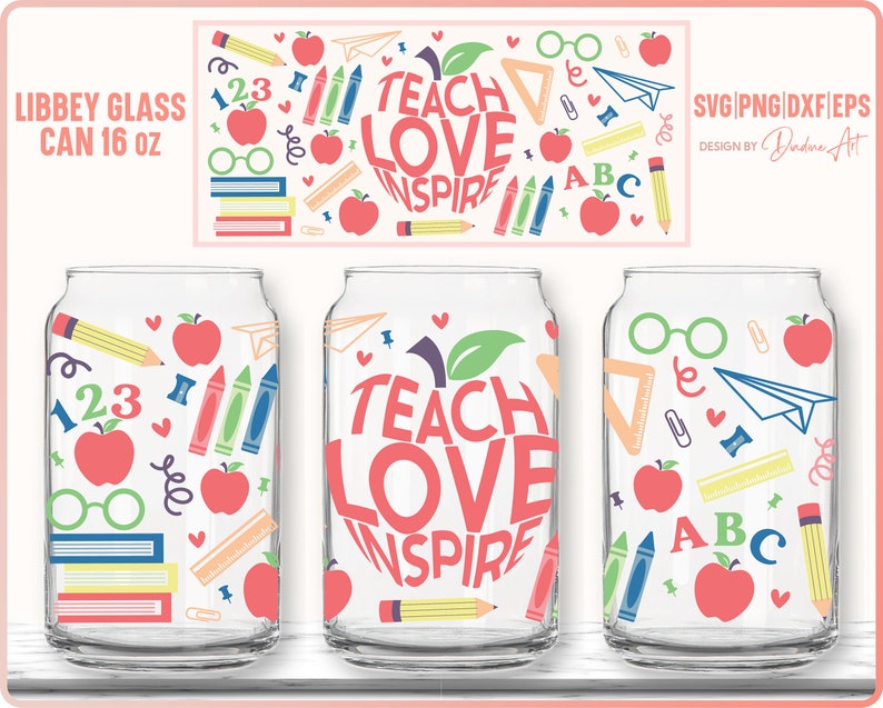9 Teacher Seamless Full Wrap Bundle for Libbey Can Glass 16 Oz SVG PNG ...