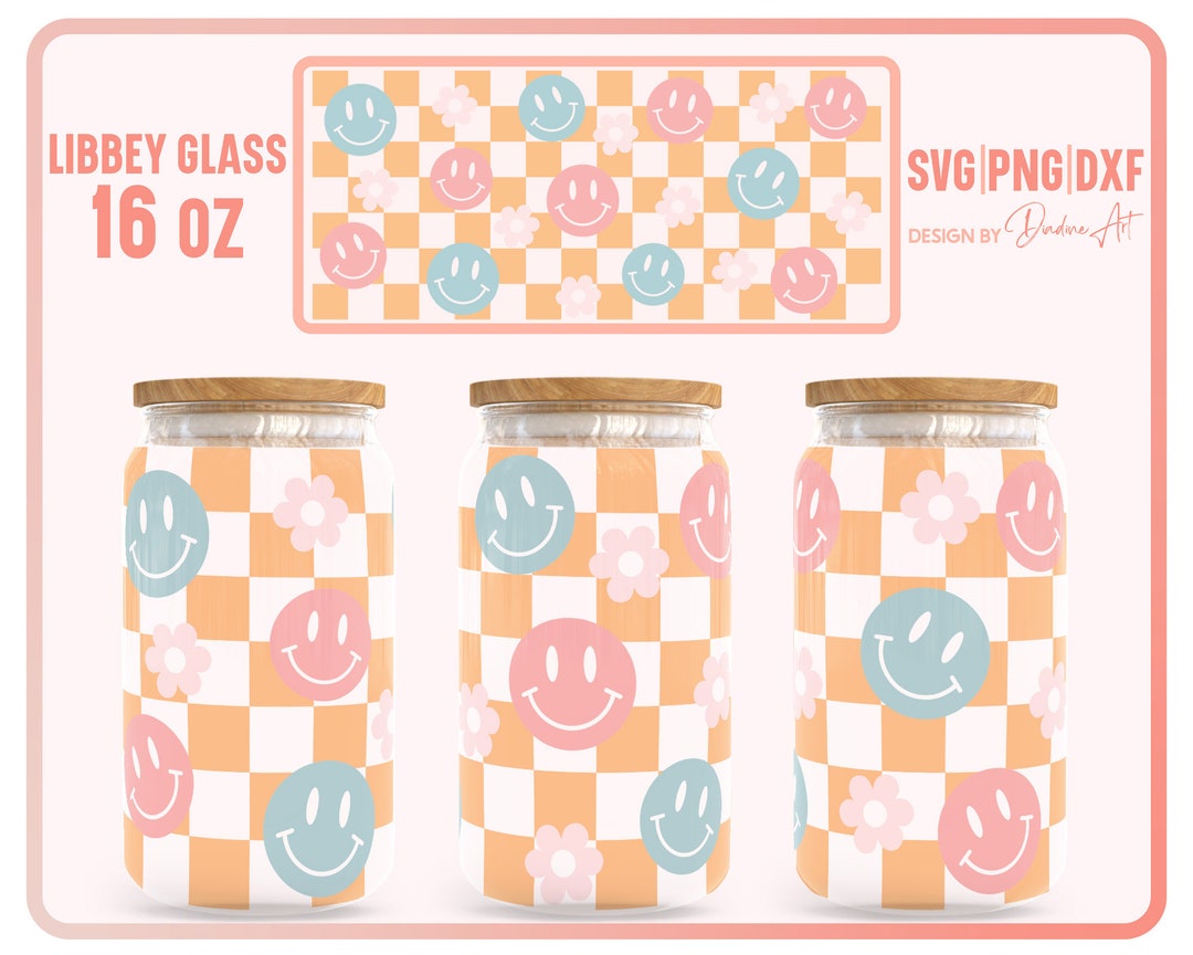 Checkered Smiley Daisy Seamless Wrap File for Libbey Glass Can 16 Oz ...