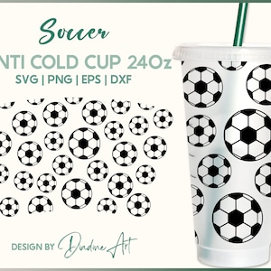 May include: A white 24-ounce cold cup with a black and white soccer ball pattern. The text "VENTI COLD CUP 24OZ" and "SVG | PNG | EPS | DXF" is printed on the cup. The text "DESIGN BY Dudine Art" is printed below the cup.