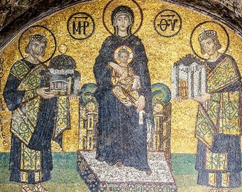 Hagia Sophia Church Virgin Mary Byzantine mosaic Icon, Greek Orthodox Wooden Plaque