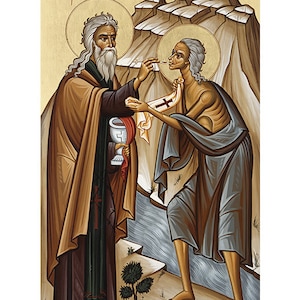 Russisch-Orthodoxe Ikone Heiliger Zosimas und Heilige Maria von Ägypten, Heilige Zosimas Ikone, Heiliger Zosimas von Palästina, Heilige Maria von Ägypten, Russisch-Orthodoxe Ikone