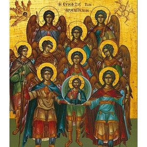 Synaxis of the Archangels icon, Handmade Greek Orthodox Icon of the Gathering of the Archangels, Byzantine art, Heavenly Angelic Order
