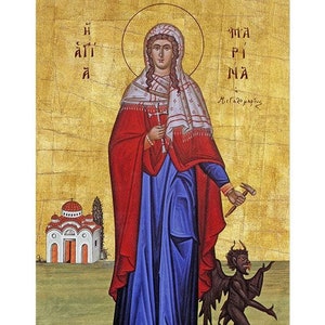 Icône orthodoxe Sainte Marina, Sainte Marina d'Antioche, icône de prière grecque orthodoxe, icône Sainte Marguerite en bois, cadeau religieux