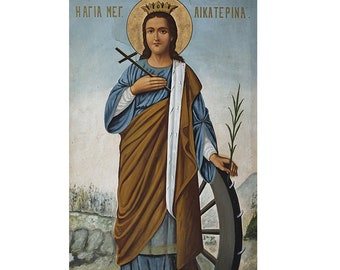Saint Catherine Vintage Icon, Patron Saint of Teachers, St Katherine, Catholic Saint Prints, Religious Teacher Gift, Byzantine Antique Icon
