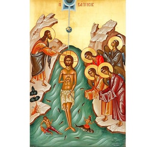 Icône de théophanie, Icône orthodoxe du baptême de Jésus, Baptême de Jésus-Christ, Don de baptême, Don de baptême, Art grec traditionnel image 1