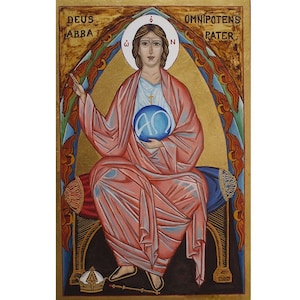 Może przedstawiać: Ikona religijna przedstawiająca Jezusa Chrystusa, ukazanego z aureolą i niebieską kulą z greckimi literami Alfa i Omega. Tło jest złote z czerwono-niebieskim łukiem. Tekst nad łukiem brzmi "Deus Abba" i "Omnipotens Pater".