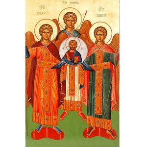 May include: An icon depicting three figures with halos and wings. The central figure is surrounded by two angels, all in ornate robes of red, green, and gold. The background is a warm, golden hue, with text at the top.
