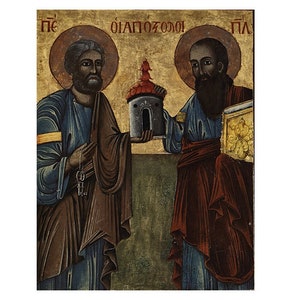 Saint Peter and Saint Paul Greek Orthodox icon, Peter and Paul icon, St Peter Icon, St Paul Icon, Prayer Corner Vintage Orthodox wood Icon