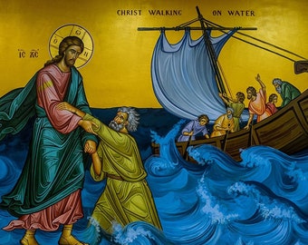 Christ Walking on Water, Jesus Miracles New Testament, Jesus Walks on the Sea, Byzantine Icon, Church Iconography, Orthodox Art