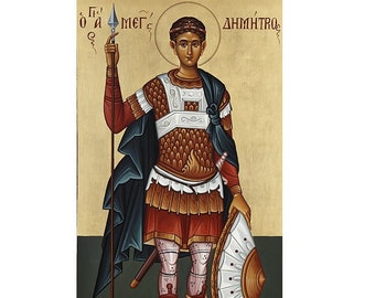 Saint Demetrius icon, Handmade Greek Orthodox Icon of St Demetrios, Byzantine Wall Hanging Icon Wood Plaque, Religious Decor, Religious Gift