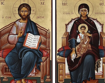Jesus and Virgin Mary Orthodox Icon set, Life Giver, Hope of Christians, Wooden Plaque