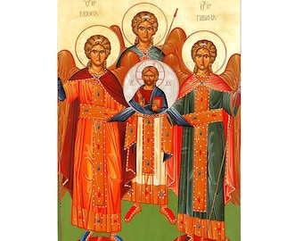 Archangels Synaxis Greek Orthodox Icon, Saint Michael, Saint Raphael, St Gabriel, Prayer corner