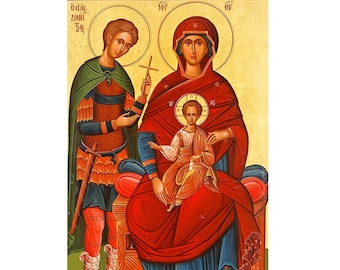 Saint Demetrios with Panagia, Virgin Mary with Jesus Icon, Saint Demetrius Saint Mary and Jesus, Blessed Virgin Mary Christian Icons