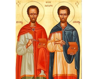 Saints Cosmas and Damian Icon, Saints Anargyroi Orthodox Religious Wall Art