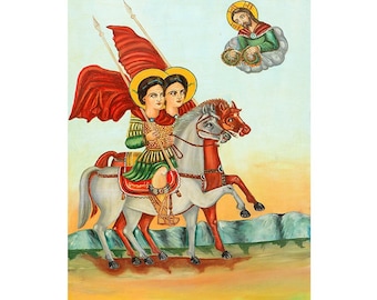 Saint Sergius and Saint Bacchus Wood Icon, Vintage Byzantine Print