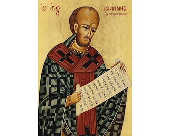 Icono religioso de San Juan Crisóstomo, arte ortodoxo griego, montado sobre madera.