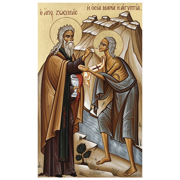 Orthodox Icon Saint Zosimas and Saint Mary of Egypt, Saint Zosimas Icon, St Zosimas of Palestine, Saint Mary of Egypt, Russian Orthodox Icon