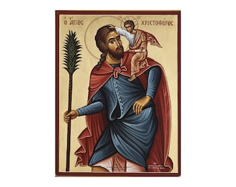 Saint Christopher wood Icon, Prayer corner art, Religious Icons