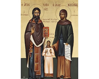 Saint Raphael, St Nicholas, Saint Irene, Greek Orthodox icon, religious gift, Prayer corner