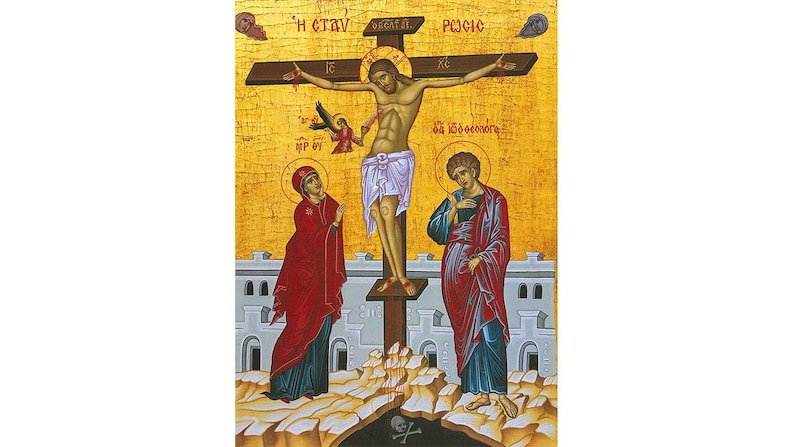 Peut inclure: Une ic&ocirc;ne religieuse repr&eacute;sentant la crucifixion de J&eacute;sus-Christ. L'ic&ocirc;ne est peinte dans un style byzantin traditionnel avec un fond en feuille d'or. Les personnages sont repr&eacute;sent&eacute;s de mani&egrave;re stylis&eacute;e avec des corps allong&eacute;s et des visages expressifs. L'ic&ocirc;ne comprend le texte grec "&Eta; &Sigma;&Tau;&Alpha;&Upsilon;&Rho;&Omega;&Sigma;&Iota;&Sigma;" qui se traduit par "La Crucifixion".