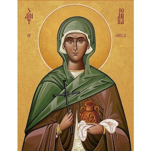 May include: Icon depicting a saintly figure with a halo, wearing a green head covering and cloak. The figure holds a cross and a decorative vessel, with a white cloth. The background is a golden colour.