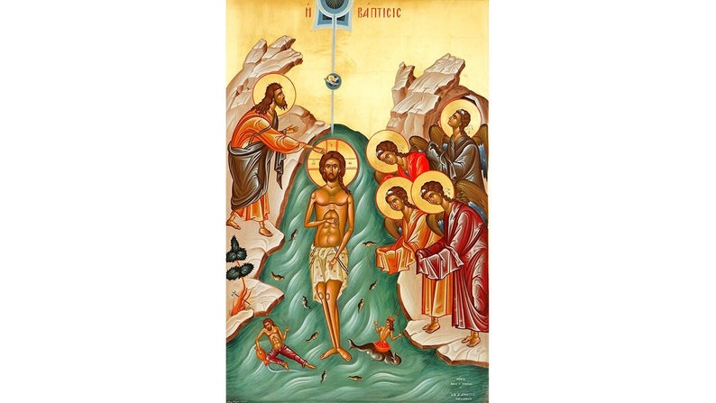 Icône de théophanie, Icône orthodoxe du baptême de Jésus, Baptême de Jésus-Christ, Don de baptême, Don de baptême, Art grec traditionnel image 1