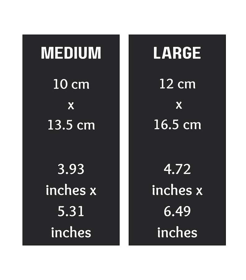 Peut inclure: Comparaison de deux tailles d'un produit, &eacute;tiquet&eacute;es "MEDIUM" et "LARGE". Les mesures sont donn&eacute;es en centim&egrave;tres et en pouces.